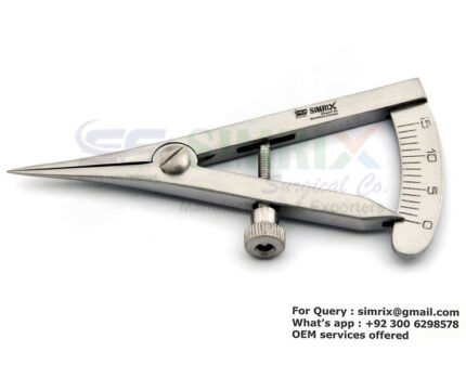 Castroviejo caliper 3 1/2'', straight tips, measures from 0-20mm in 0.5mm increments, adjustable thumb-screw tension